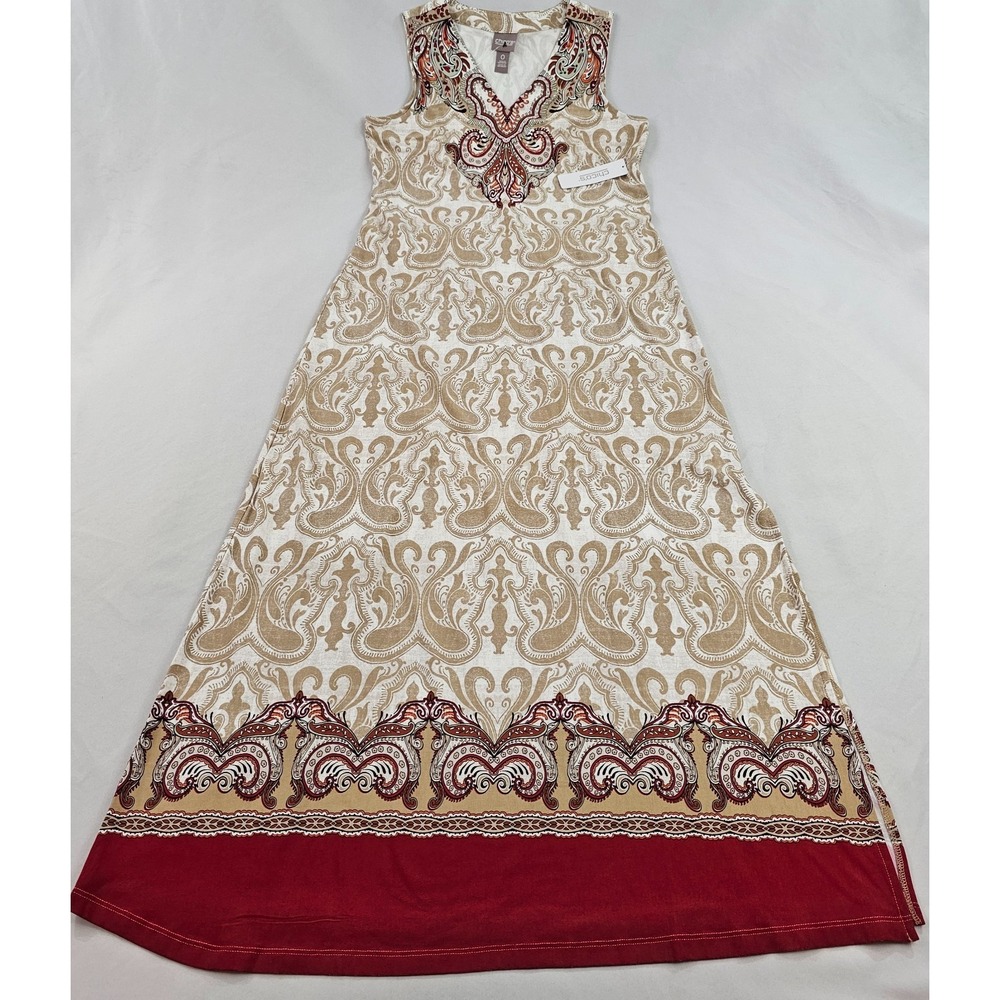 Chicos Paisley Emblem V-Neck Maxi Dress Modern Ecru Sleeveless Stretch 0 NEW